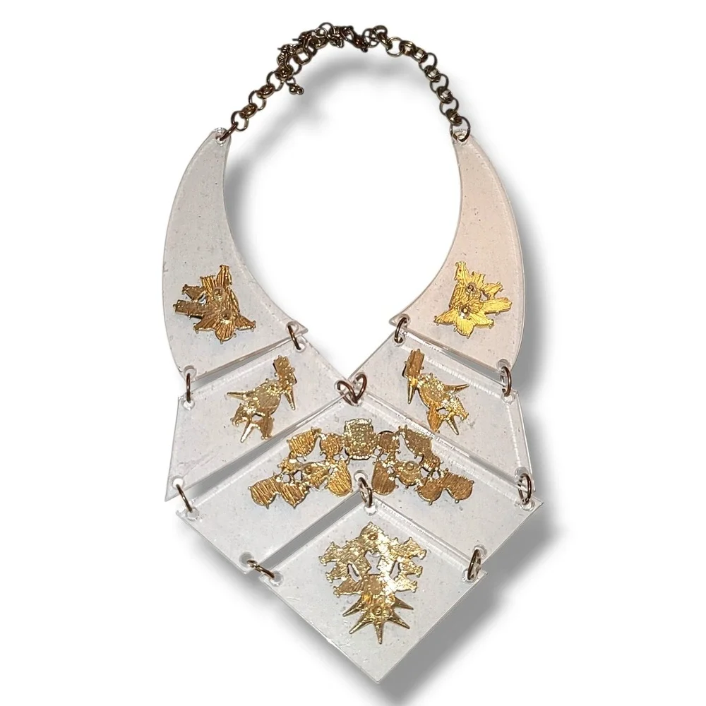 Stradivarius Clear Lucite Bib‎ Statement Necklace Black Yellow Lavender VTG